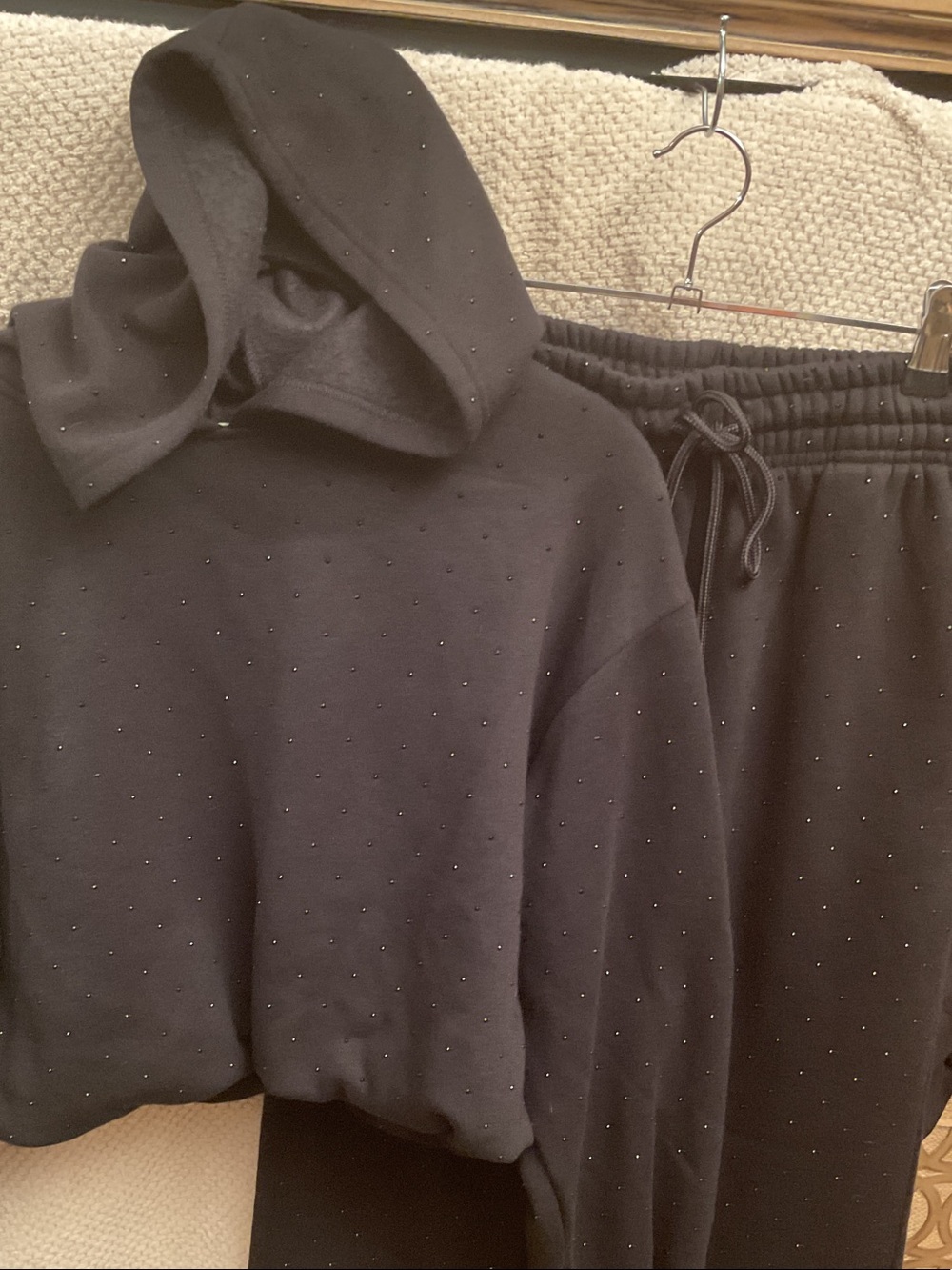 Steve Madden Black Hoodie & Jogger Set with Subtle Rhinestone Sparkle